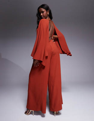 ASOS DESIGN CAPE DETAIL WIDE LEG JUMPSUIT WITH OPEN BACK 