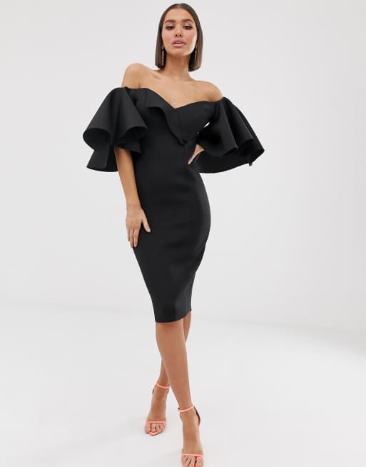 cape flutter bardot midi dress