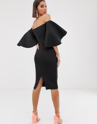 cape flutter bardot midi dress