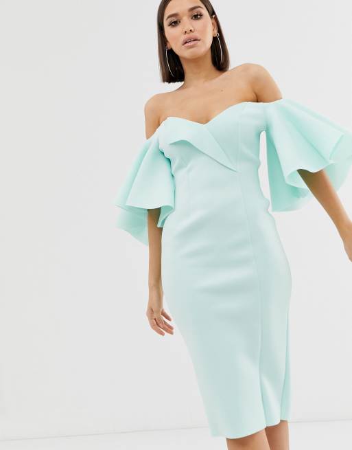 cape flutter bardot midi dress