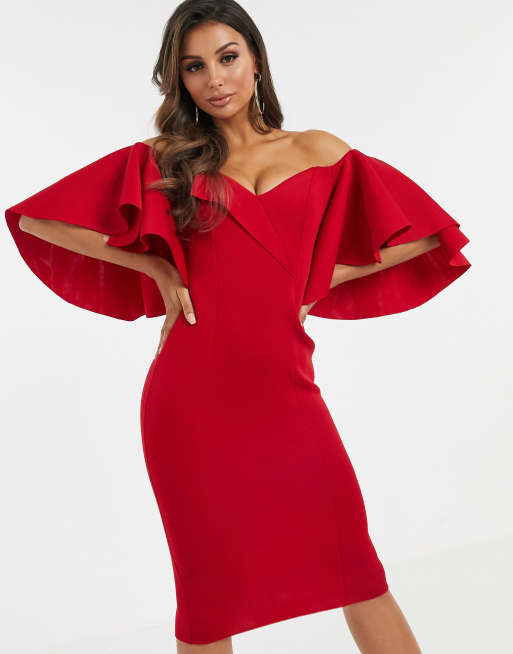 cape flutter bardot midi dress