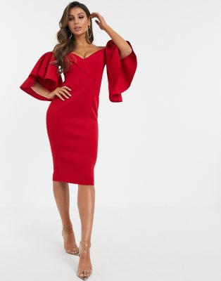 cape flutter bardot midi dress