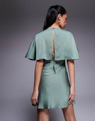 Asos Design Cape Flutter Detail Mini Satin Dress In Green