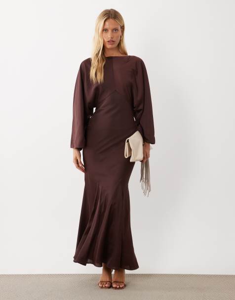 ASOS DESIGN cape kimono sleeve maxi dress with godets and tassel tie detail in chocolate - view 1