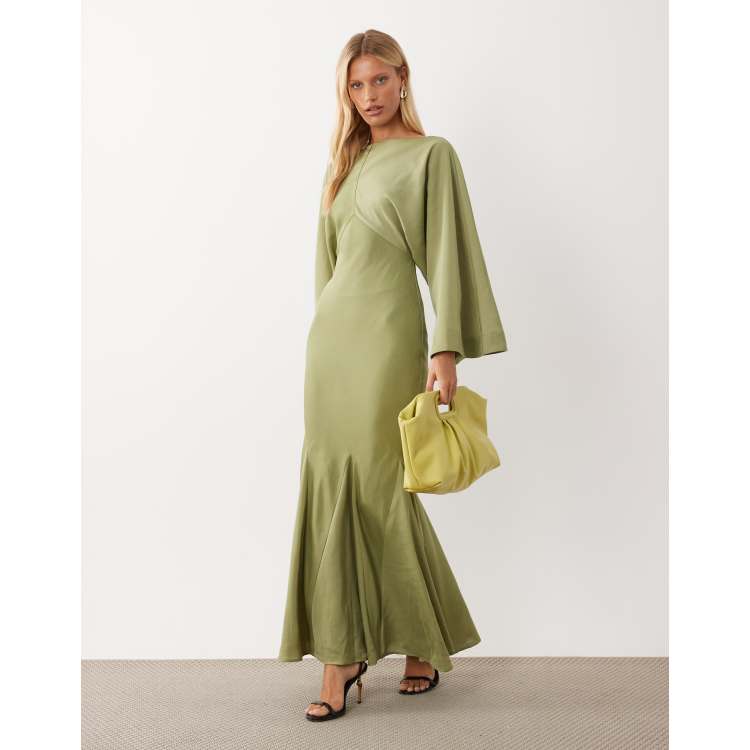 ASOS DESIGN cape kimono sleeve maxi dress with godets and tassel tie detail in sage green