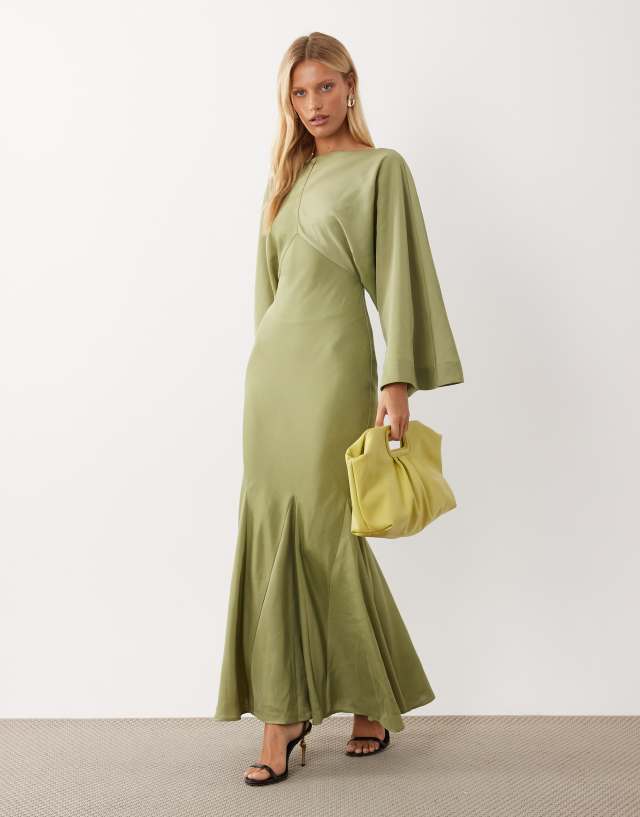 green kimono sleeve dress ASOS DESIGN cape maxi with godets and tassel tie detail in sage badge-petite