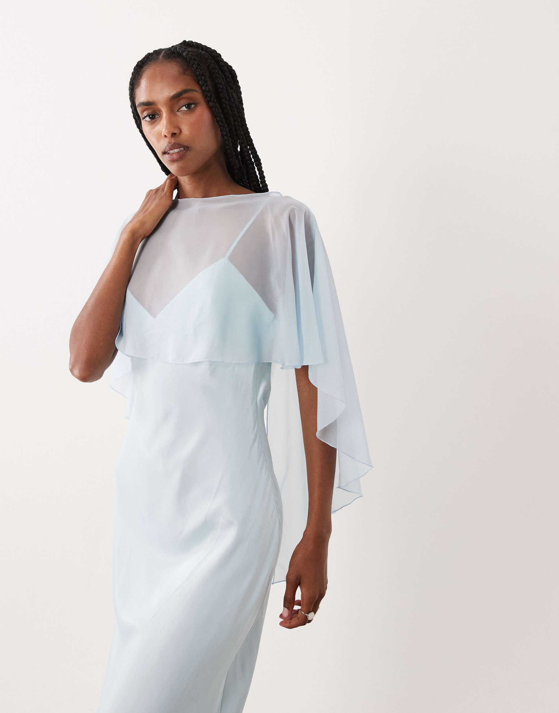 asos design cape layer satin maxi dress in pale blue