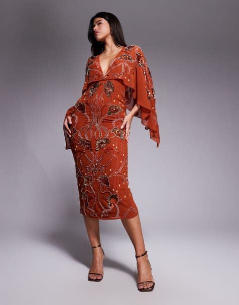 ASOS DESIGN cape midi dress with floral embellishment in burnt orange