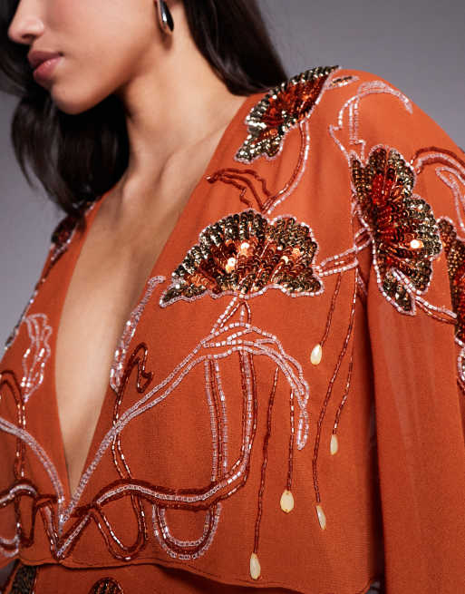ASOS DESIGN cape midi dress with floral embellishment in burnt orange