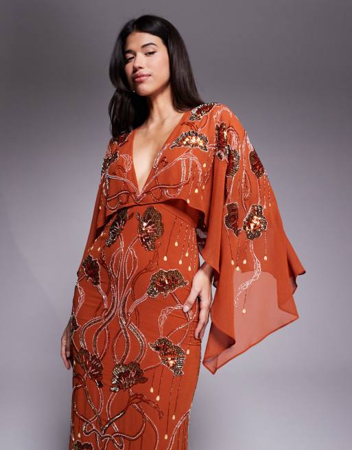 ASOS DESIGN cape midi dress with floral embellishment in burnt orange