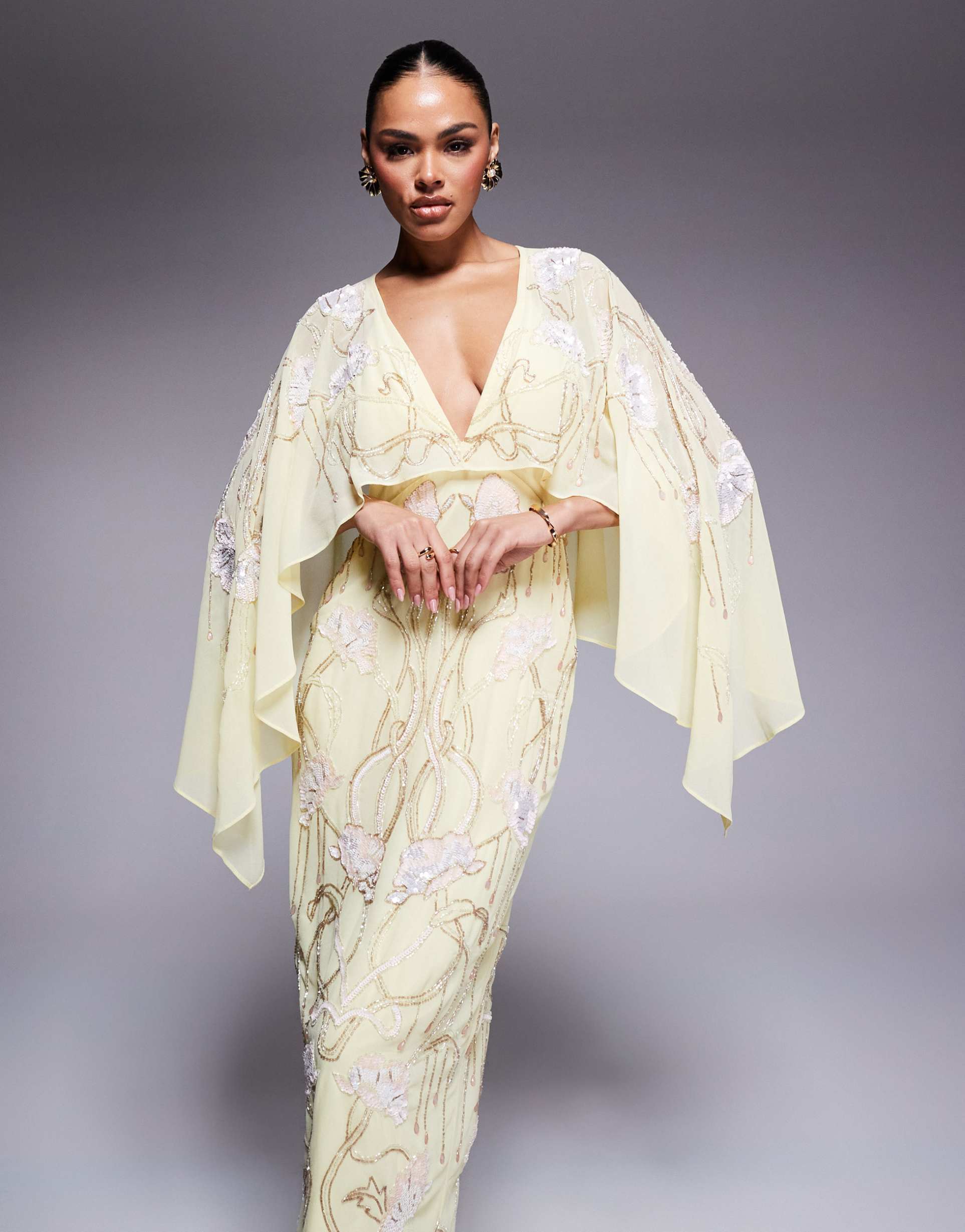 asos design cape midi dress with floral embellishment in pale yellow