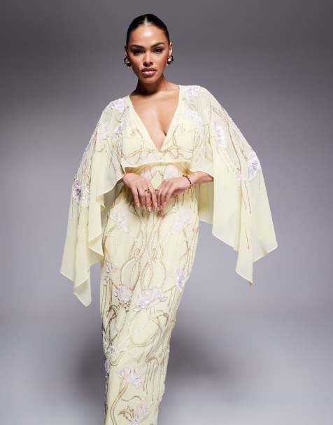 ASOS DESIGN cape midi dress with floral embellishment in pale yellow 