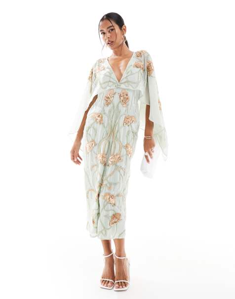 ASOS DESIGN cape midi dress with floral embellishment in sage green - view 1