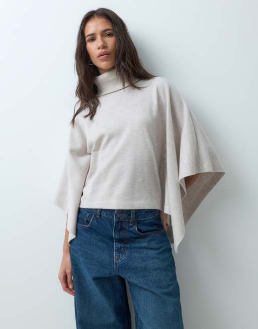 ASOS DESIGN Cape mit Stehkragen aus superweichem Rippstrick in Beigemeliert, 5 von 5