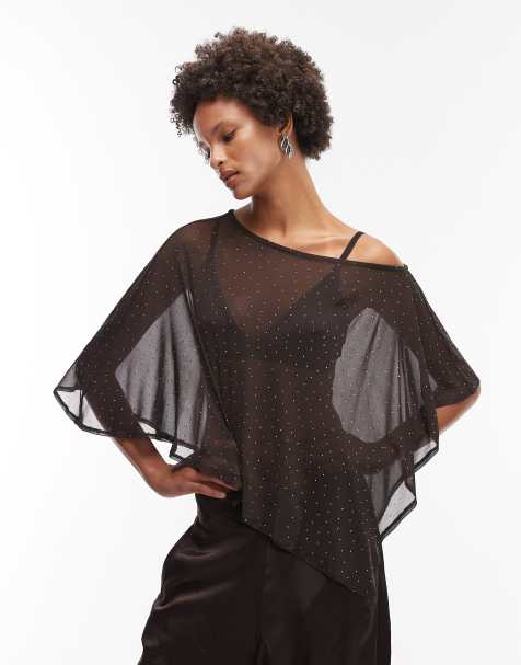 ASOS DESIGN – Cape-Oberteil aus transparentem Netzstoff in Braun mit Hotfix-Verzierung - view 1