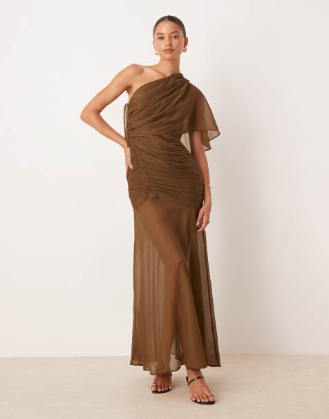 ASOS DESIGN cape one shoulder ruched bodice maxi dress in brown - view 1