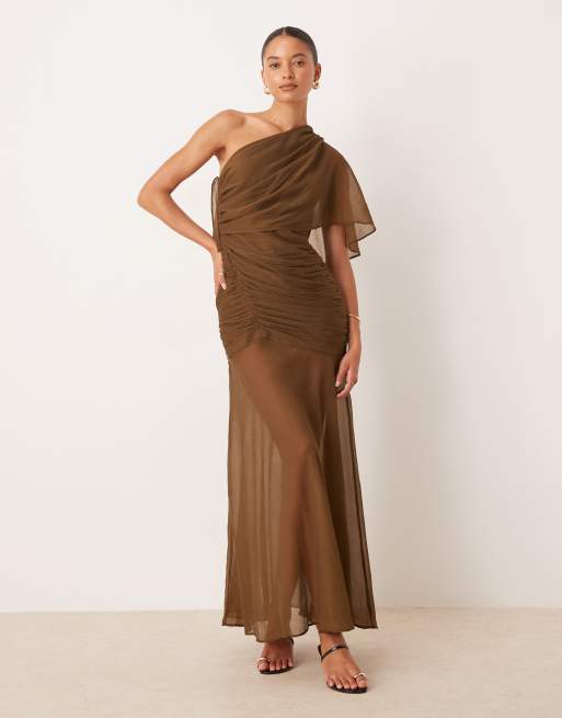 ASOS DESIGN cape one shoulder ruched bodice maxi dress in brown