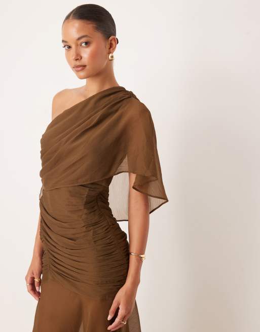 ASOS DESIGN cape one shoulder ruched bodice maxi dress in brown