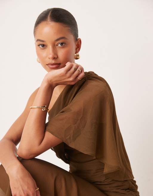 ASOS DESIGN cape one shoulder ruched bodice maxi dress in brown