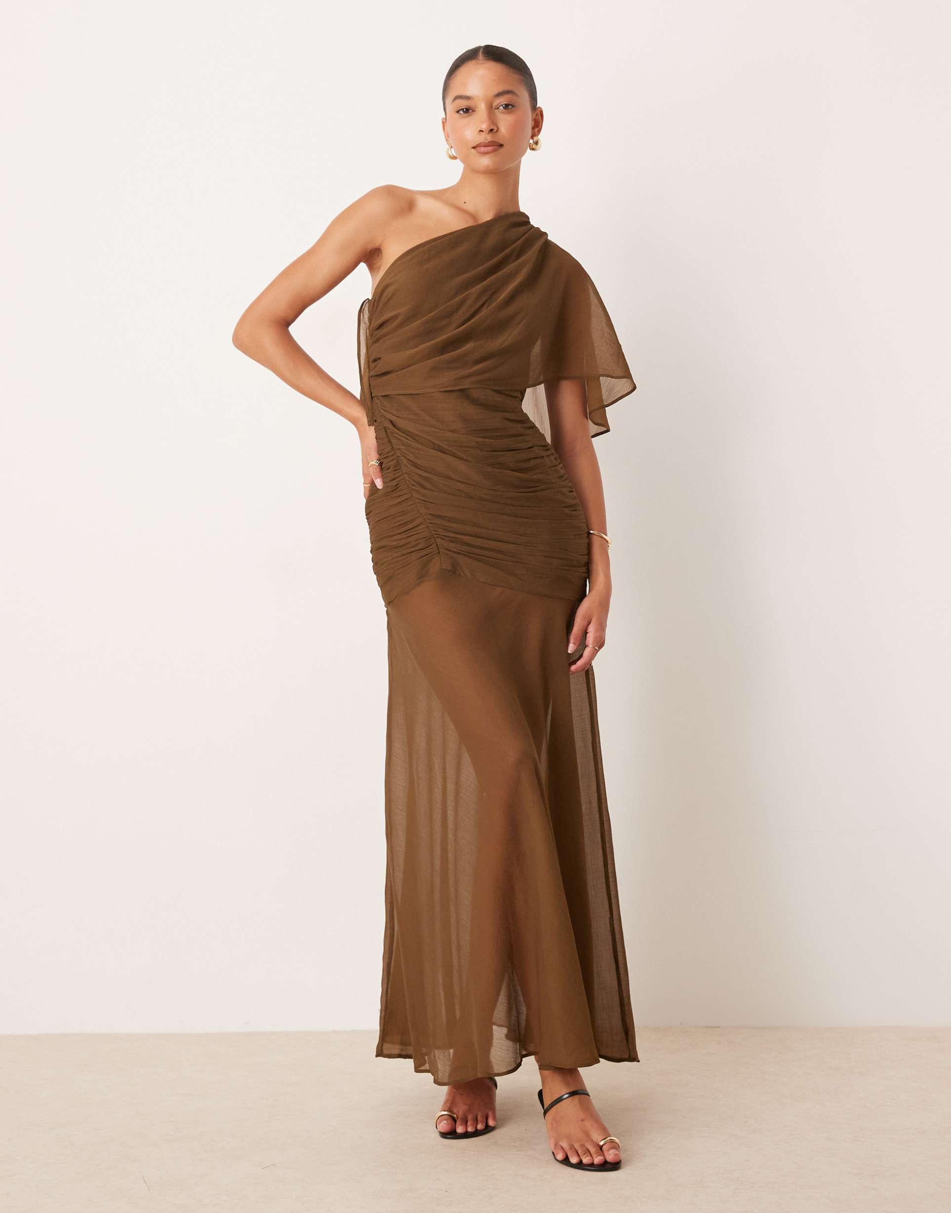 asos design cape one-shoulder ruched bodice maxi dress in deep olive