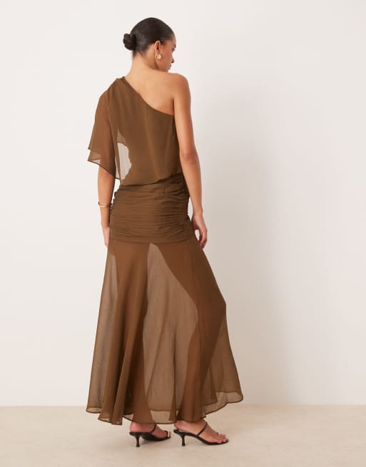 ASOS DESIGN cape one shoulder ruched bodice maxi dress in deep olive, 3 of 4