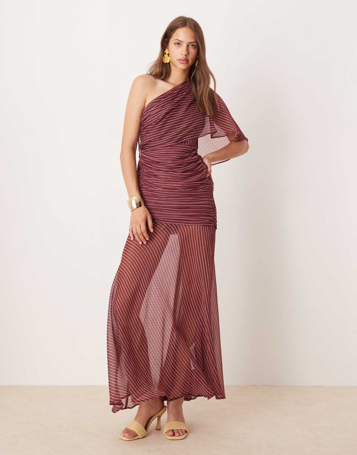 ASOS DESIGN cape one shoulder ruched bodice maxi dress in stripe