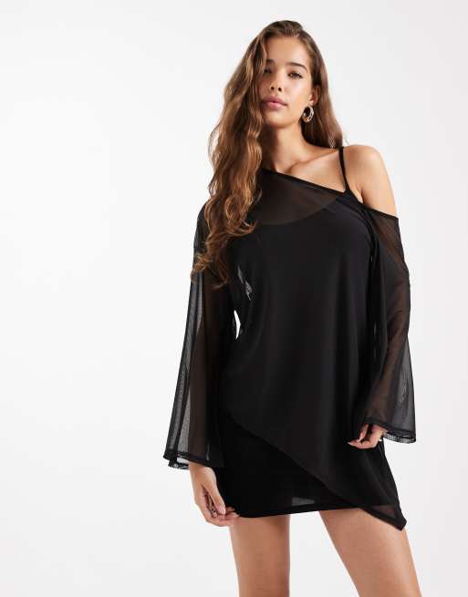ASOS DESIGN cape overlay mini dress in black, 2 of 4