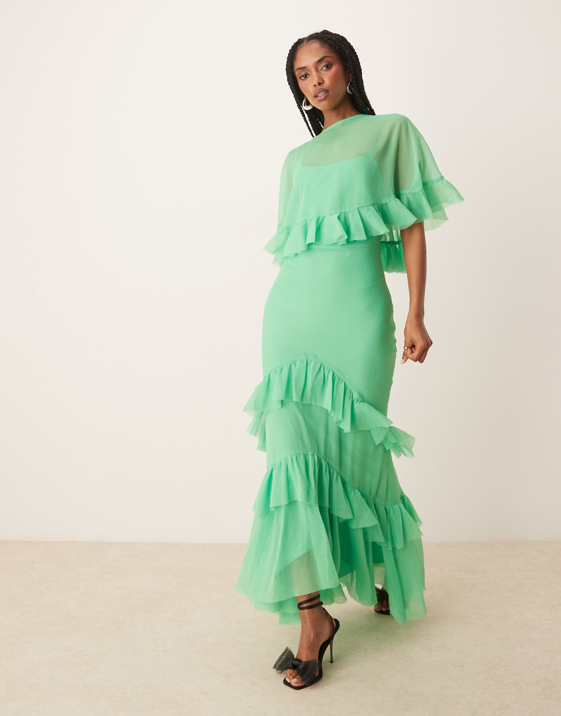asos design cape overlay ruffle bias maxi dress in bright green