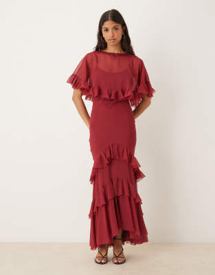 Asos Design Cape Overlay Ruffle Bias Maxi Dress In Red
