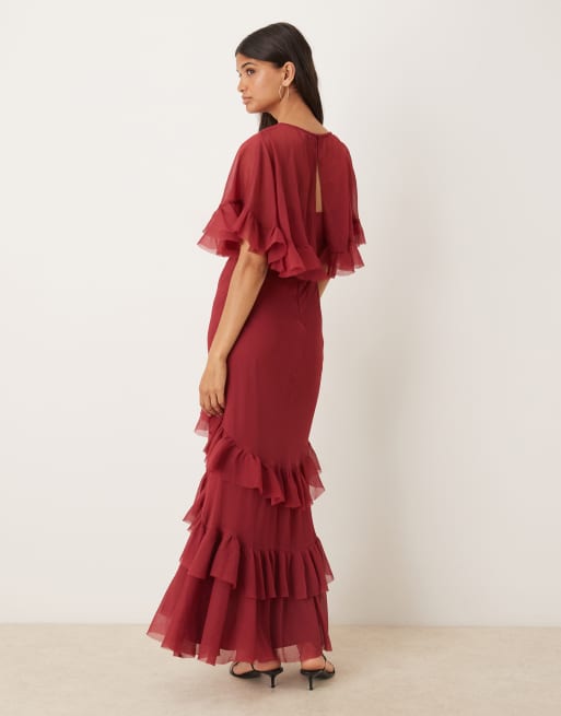 ASOS DESIGN cape overlay ruffle bias maxi dress in burgundy, 3 of 4