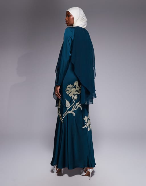 ASOS DESIGN cape overlay shadow floral embellished maxi dress in dark teal, 2 of 4