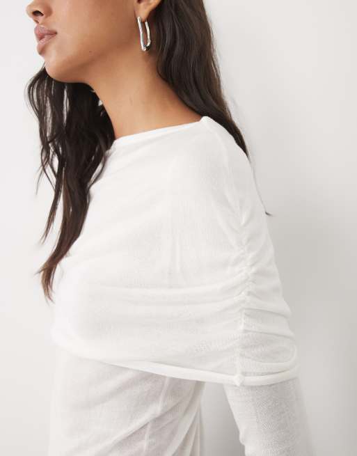ASOS DESIGN cape ruched layered second skin top in cream, 3 of 4