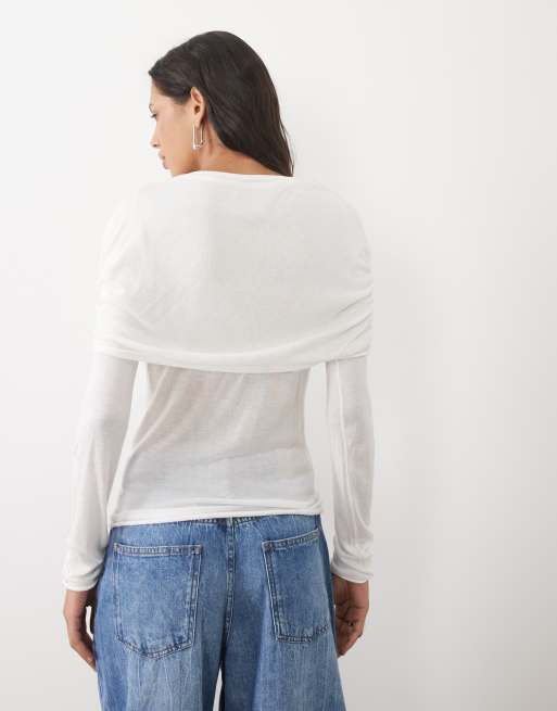 ASOS DESIGN cape ruched layered second skin top in cream, 4 of 4
