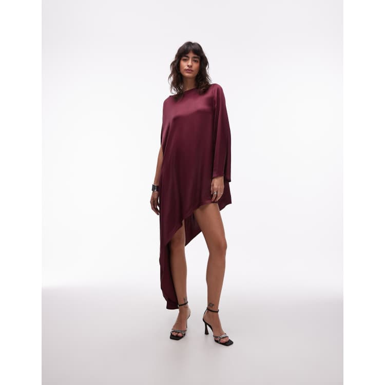 ASOS DESIGN cape satin asymmetric mini dress in burgundy | ASOS