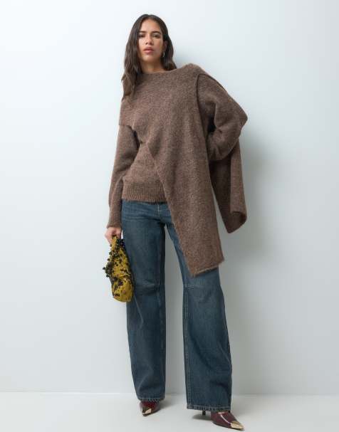 ASOS DESIGN cape scarf brushed jumper in chocolate - view 1
