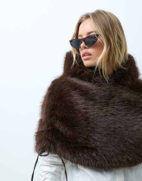 ASOS DESIGN cape scarf with hood in chocolate fur - view 1