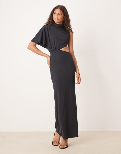 ASOS DESIGN cape sleeve asymmetric cut out maxi dress in black - view 1