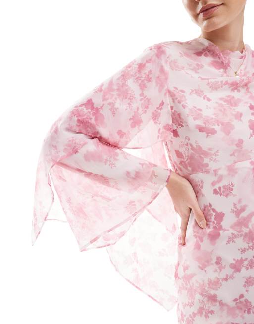 ASOS DESIGN cape sleeve bias maxi dress in chiffon with cape overlay detail  in pink floral | ASOS