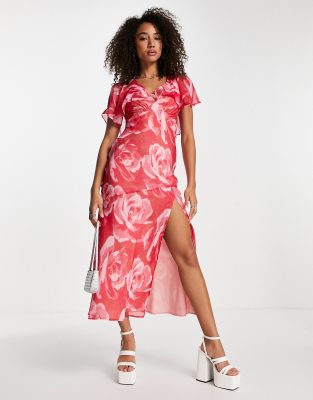 ASOS DESIGN cape sleeve bias midi dress in pink floral print-Multi