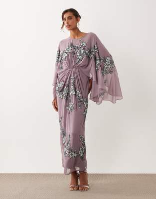 Asos Design Cape Sleeve Embellished Maxi Dress In Burgundy