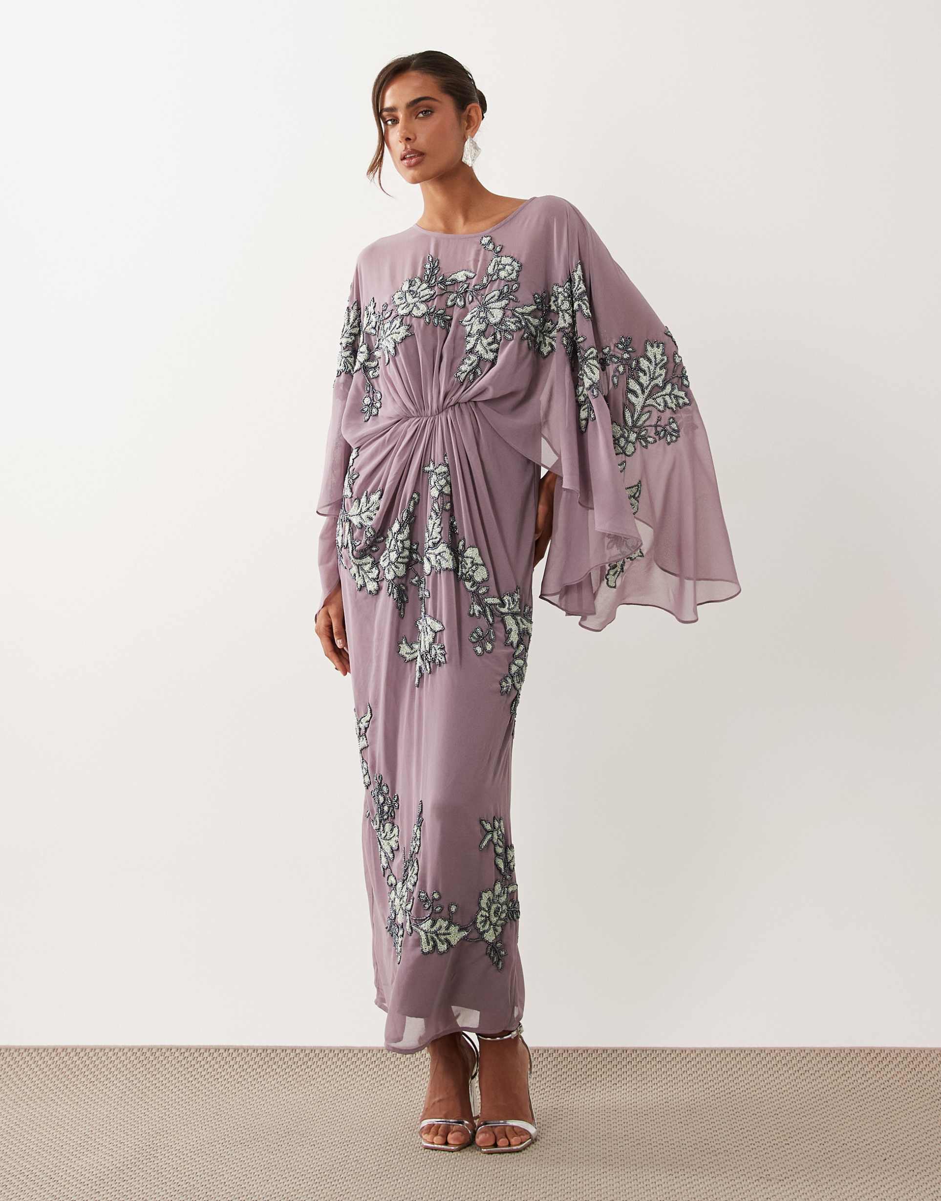 asos design cape sleeve embellished maxi dress in purple