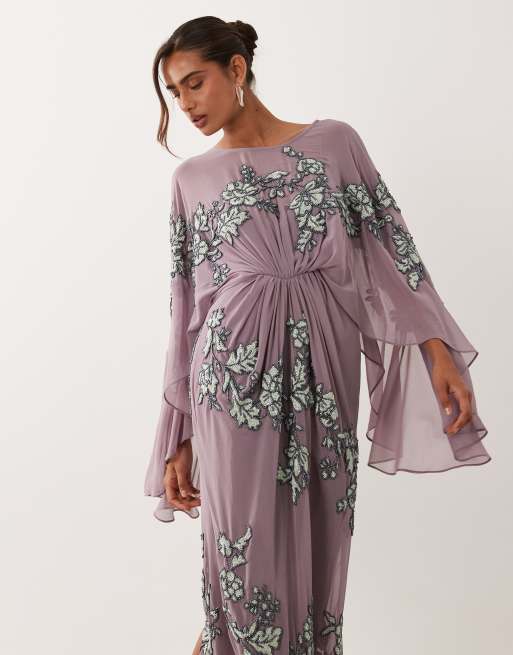 ASOS DESIGN cape sleeve embellished maxi dress in purple, 2 of 4