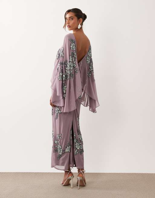 ASOS DESIGN cape sleeve embellished maxi dress in purple, 3 of 4