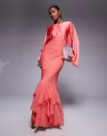 [ASOS DESIGN] ASOS DESIGN cape sleeve godet maxi dress in coral-Orange 14 Coral