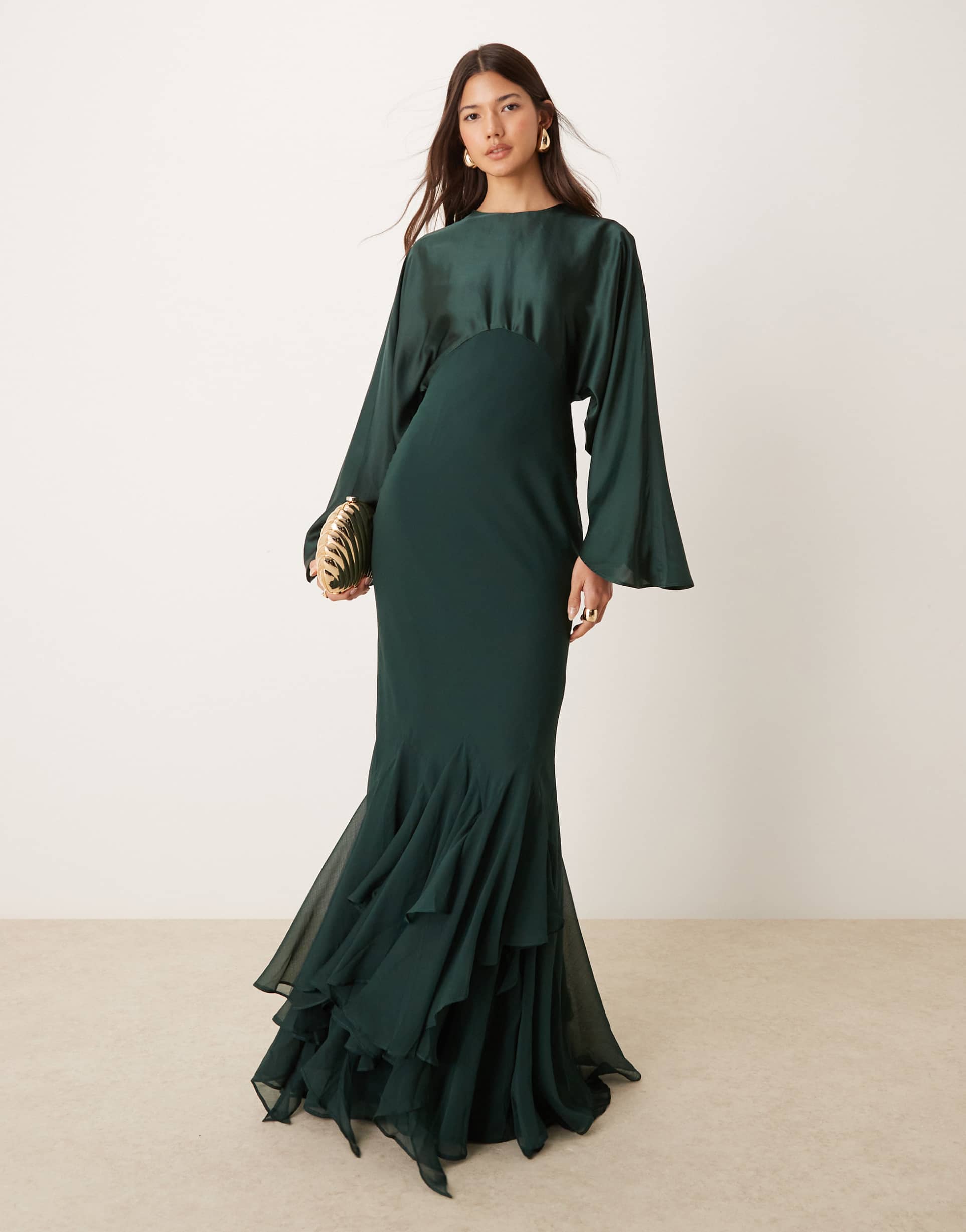 asos design cape sleeve godet maxi dress in forest green