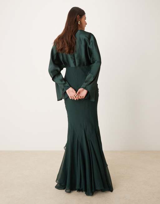ASOS DESIGN cape sleeve godet maxi dress in forest green | ASOS