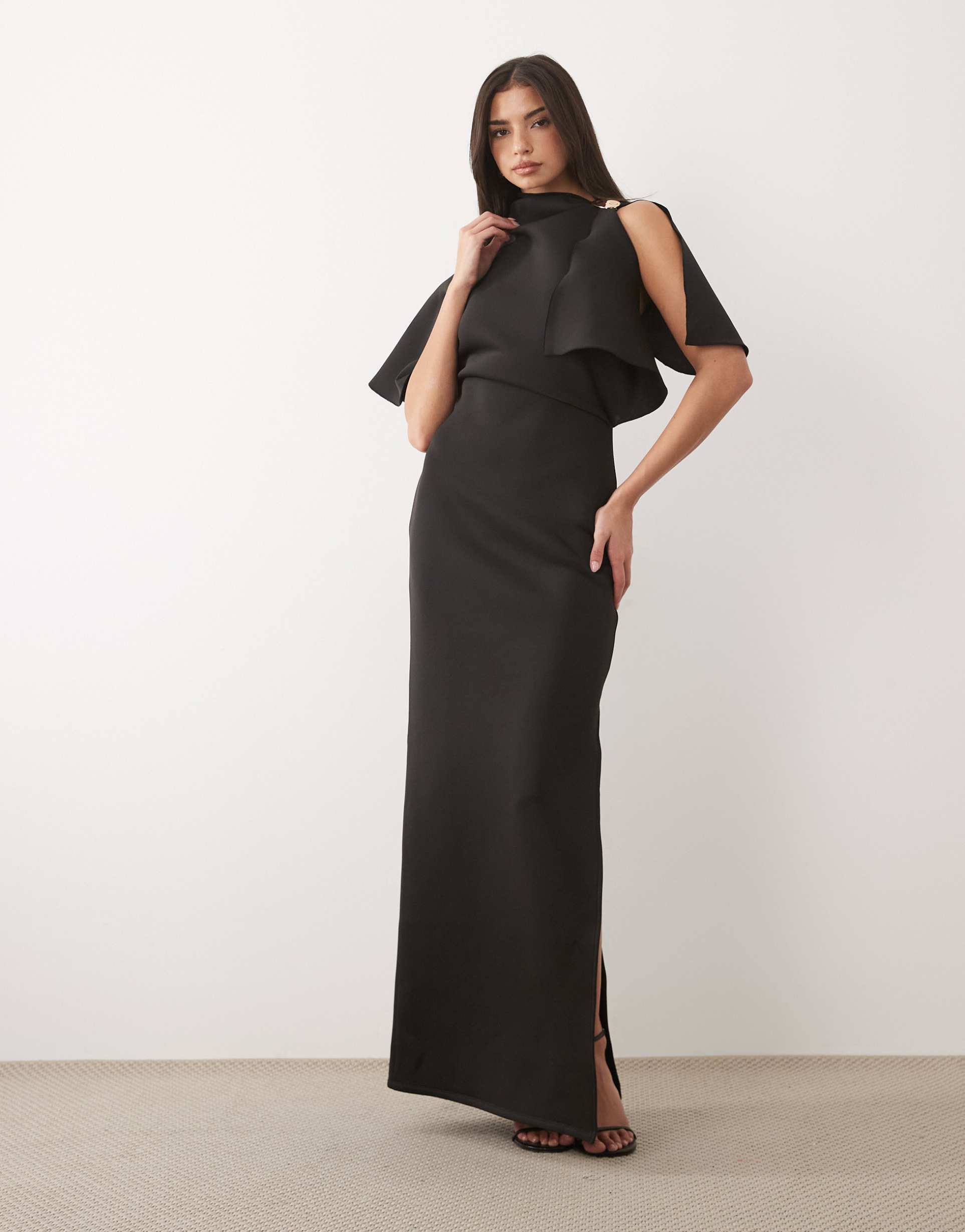 asos design cape sleeve maxi dress with shoulder trim in black scuba-style fabric