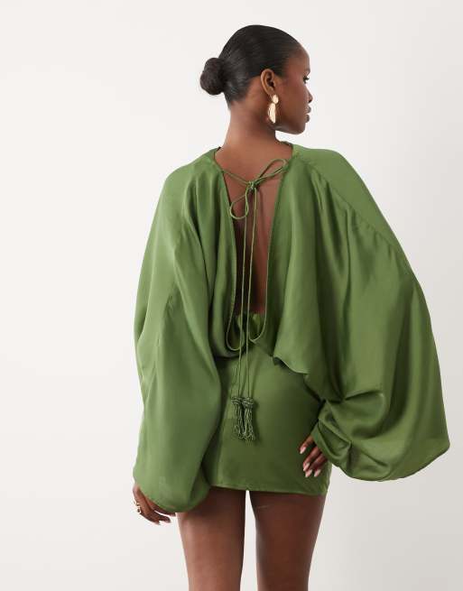 ASOS DESIGN cape sleeve open back mini dress with tassels in green, 2 of 4