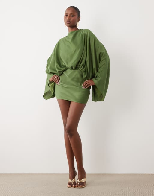 ASOS DESIGN cape sleeve open back mini dress with tassels in green, 3 of 4