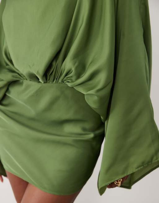 ASOS DESIGN cape sleeve open back mini dress with tassels in green, 4 of 4